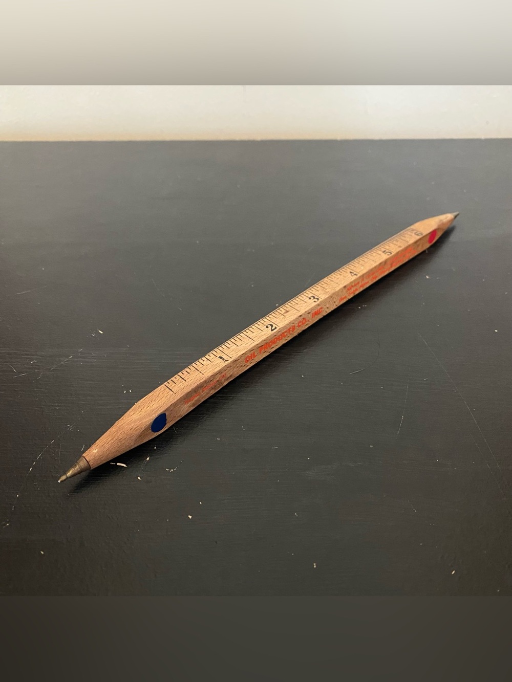 Vintage 2 Sided Red Blue Square Wood 6” Ruler Pen Iowa Oil Products Advertising